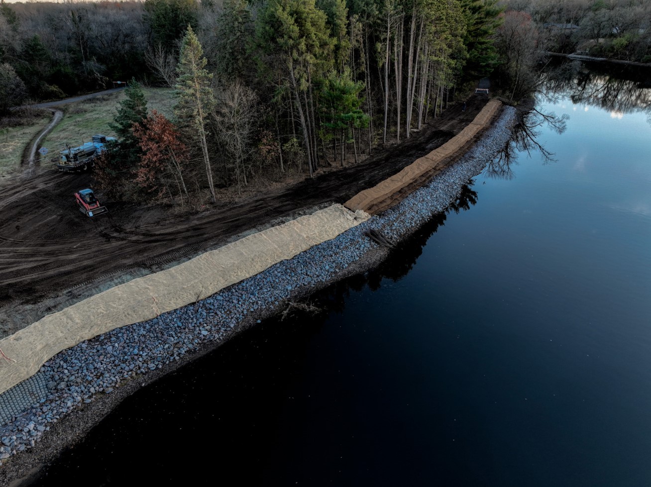 Aerial view of completed riverbank stabilization at Anoka Riverfront Trail Easement.